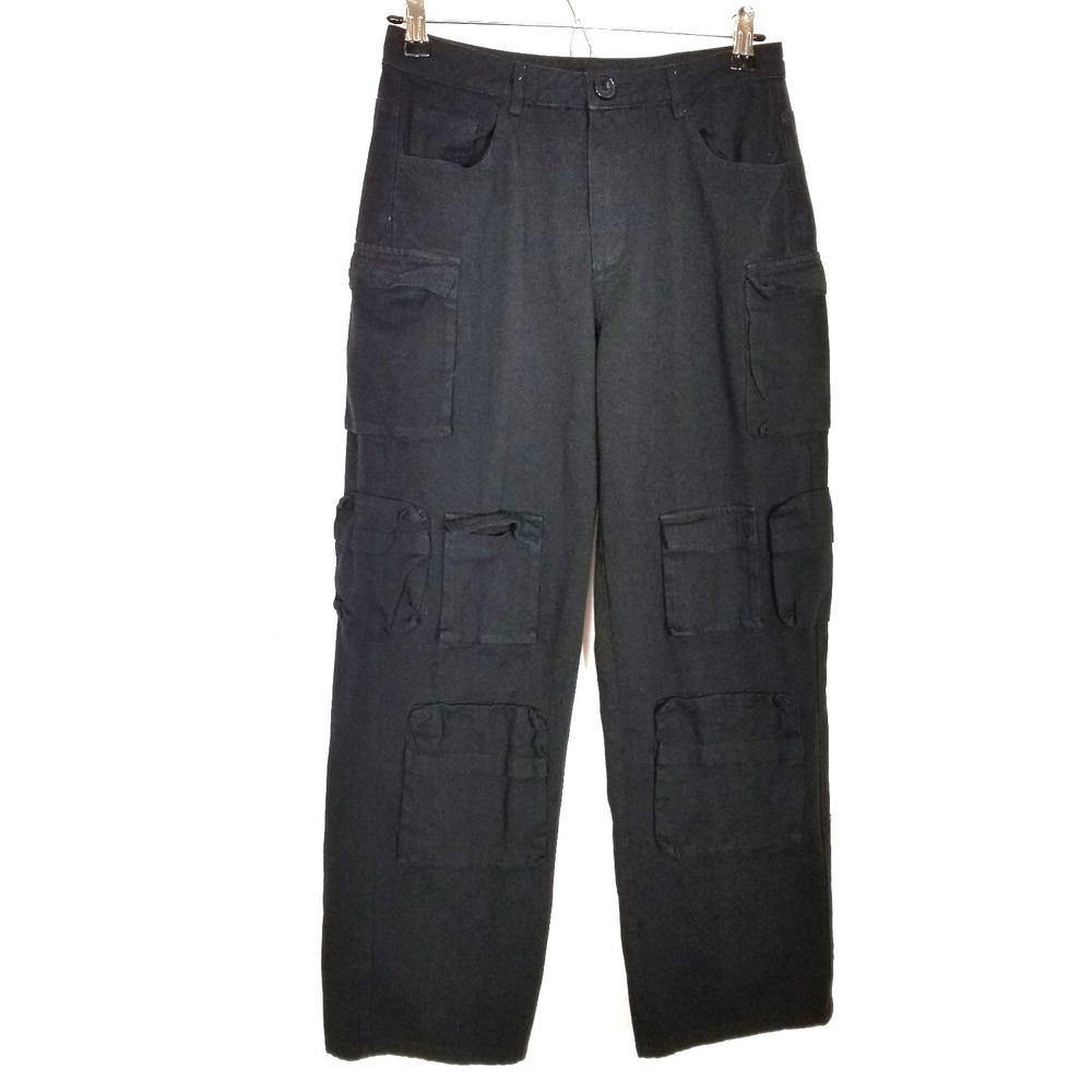 White Fox Women Cargo Multi Pockets Buggy Pants‎ Sz S Black Cotton Y2K City